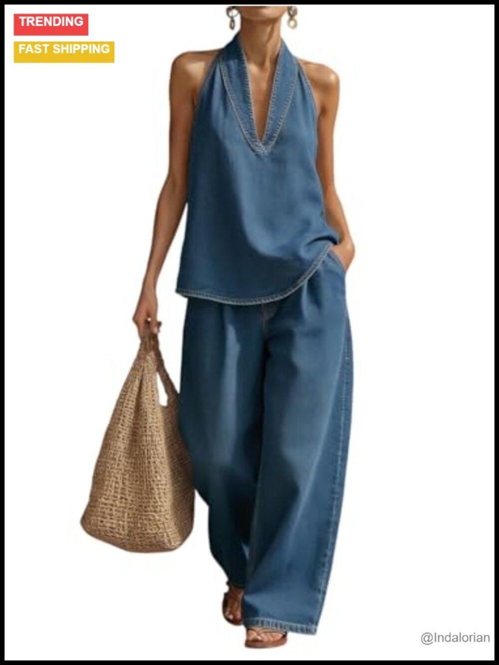 Cotton Blend Denim Halter Top & Wide Leg Pant Set Minimalist Casual